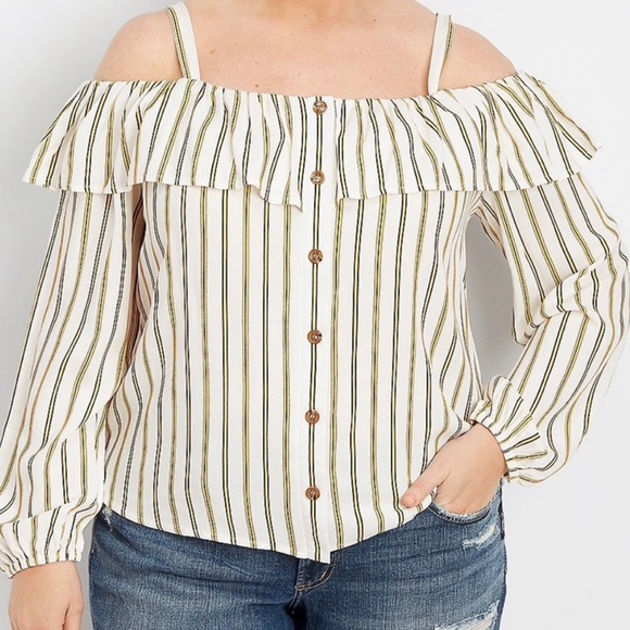 Maurices plus size stripe button cold shoulder top XL - Picture 3 of 6